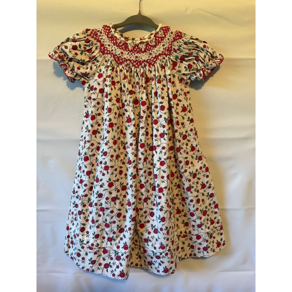 Anavini Girls 3T Red Floral Hand Smocked Cotton Dress Rosebud Short Sleeve Cream